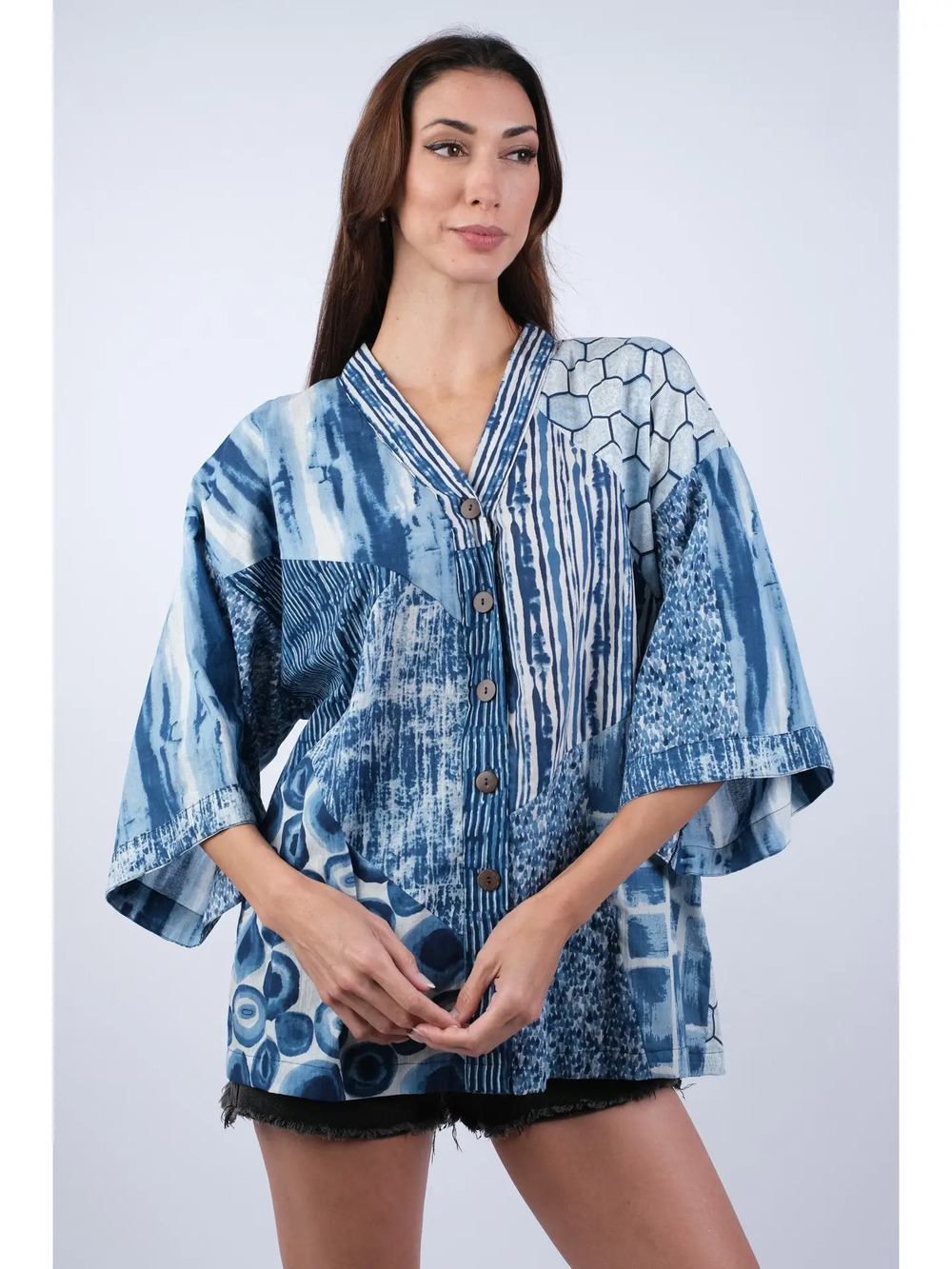 225263 | Sacred Threads Sapphire Ocean Patchwork Kimono Top | Sizes S/M-L/XL